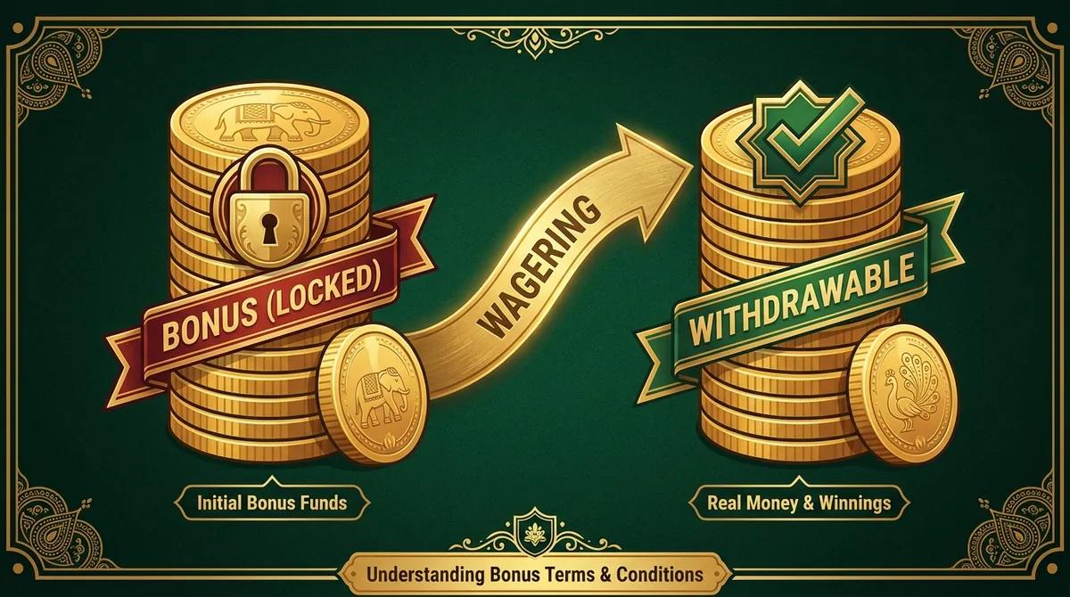 Infographic illustrating locked promotional bonus conversion via wagering requirements.